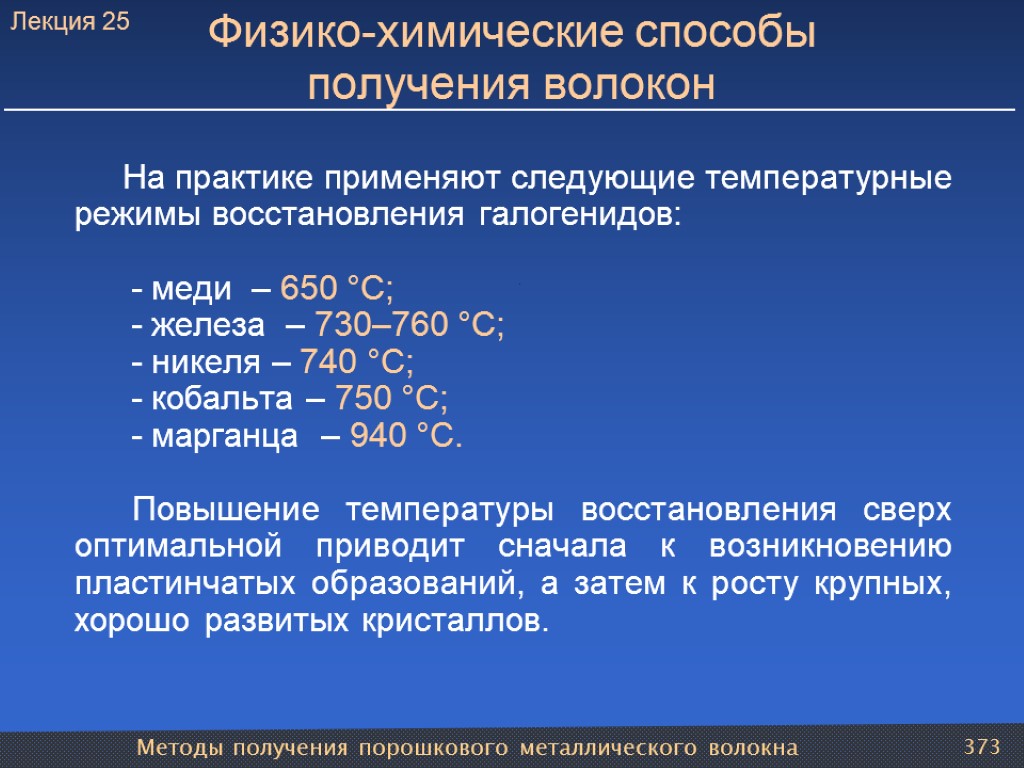 Методы получения порошкового металлического волокна 373 Физико-химические способы получения волокон На практике применяют следующие